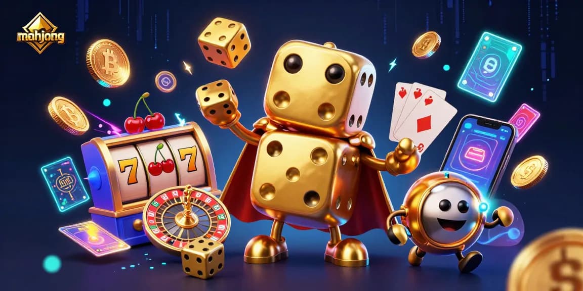 Experience thrilling mahjong action with an animated golden dice golem and casino elements.