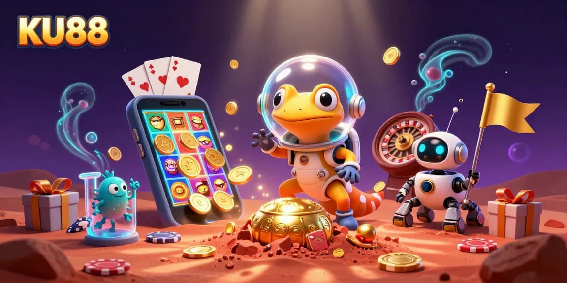 KU88 casino adventure with a Martian gecko and robot, exploring gold and games.