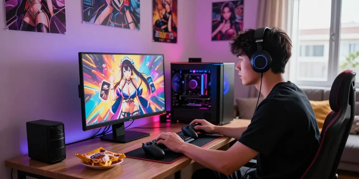 Engaged gamer playing hentai games in a cozy room with colorful lighting.