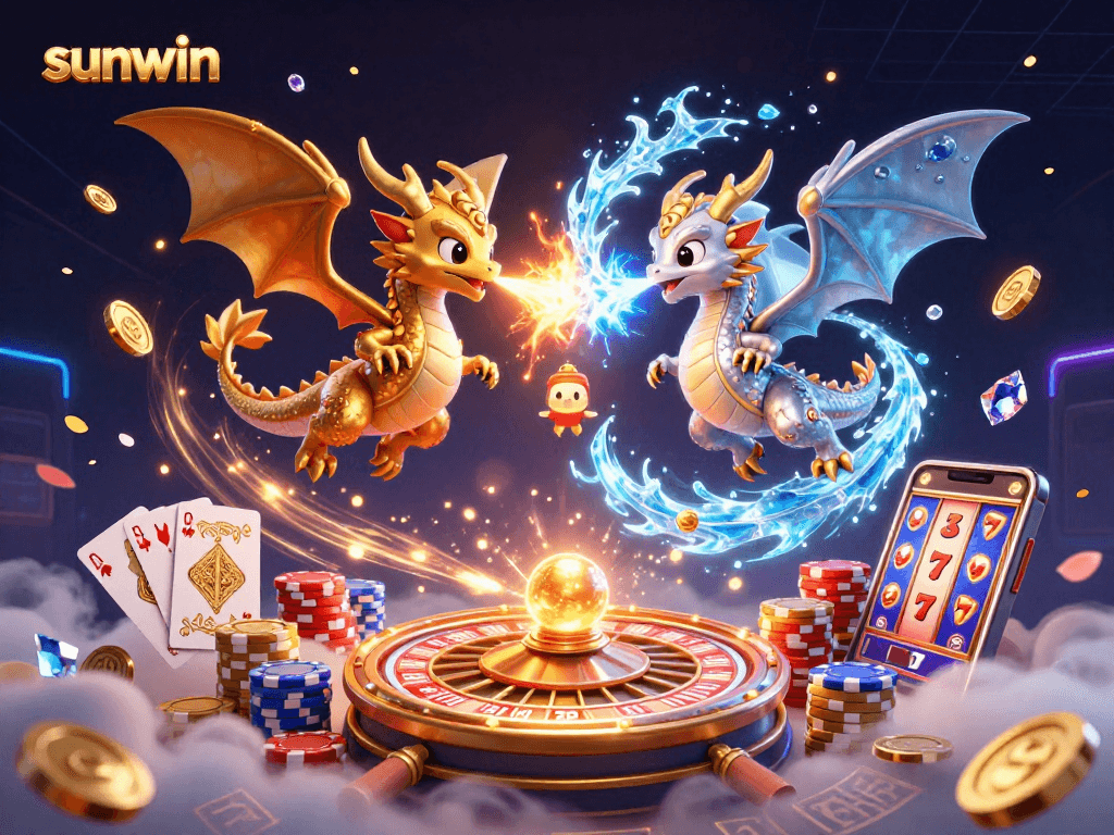 Experience the thrilling world of sunwin with dynamic dragons, vibrant casino elements, and magical luminescence.