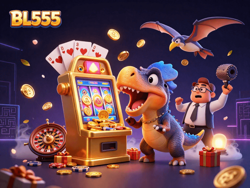 Experience the thrill of BL555 with a pachycephalosaurus winning jackpots at a casino amidst flying coins and excitement.