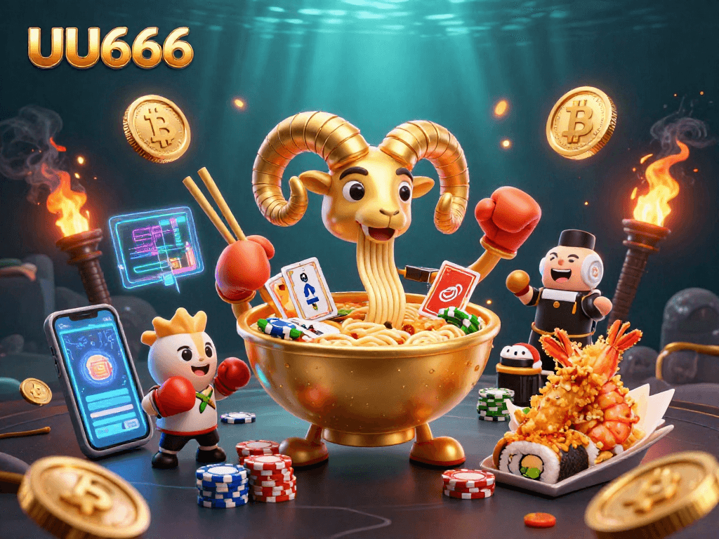 Engage with UU666's vibrant experience featuring 3D characters and crypto elements in a dynamic casino scene.
