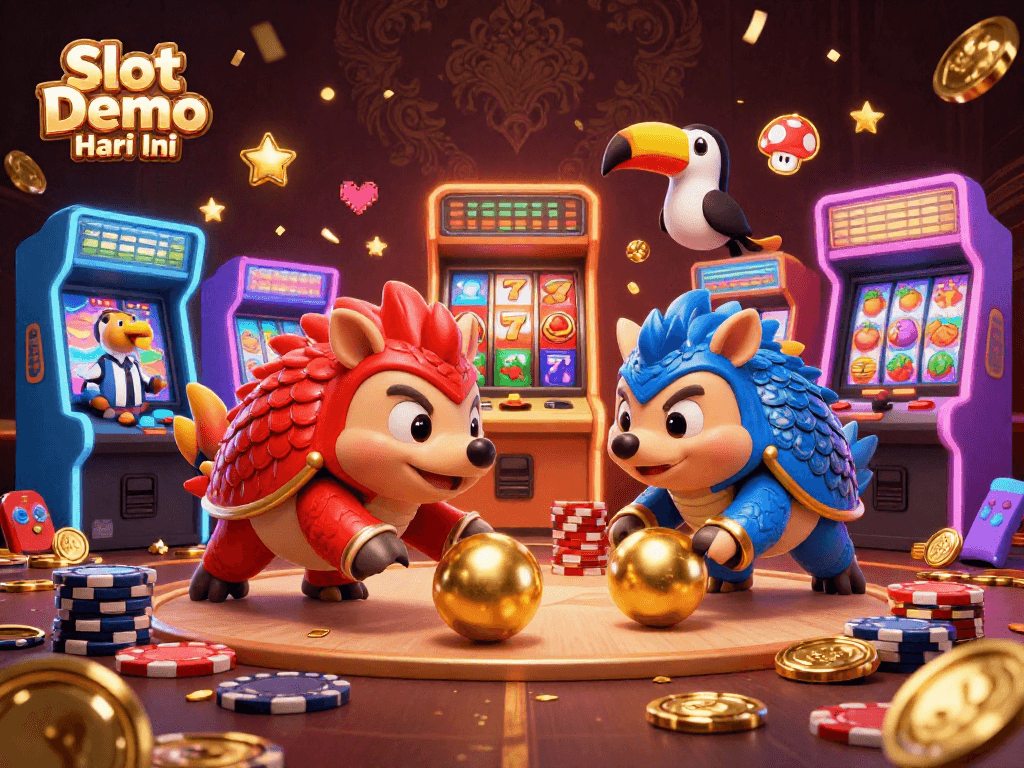 Engage with Slot Demo Gacor Hari Ini as rival pangolins roll into golden balls amid vibrant casino elements.