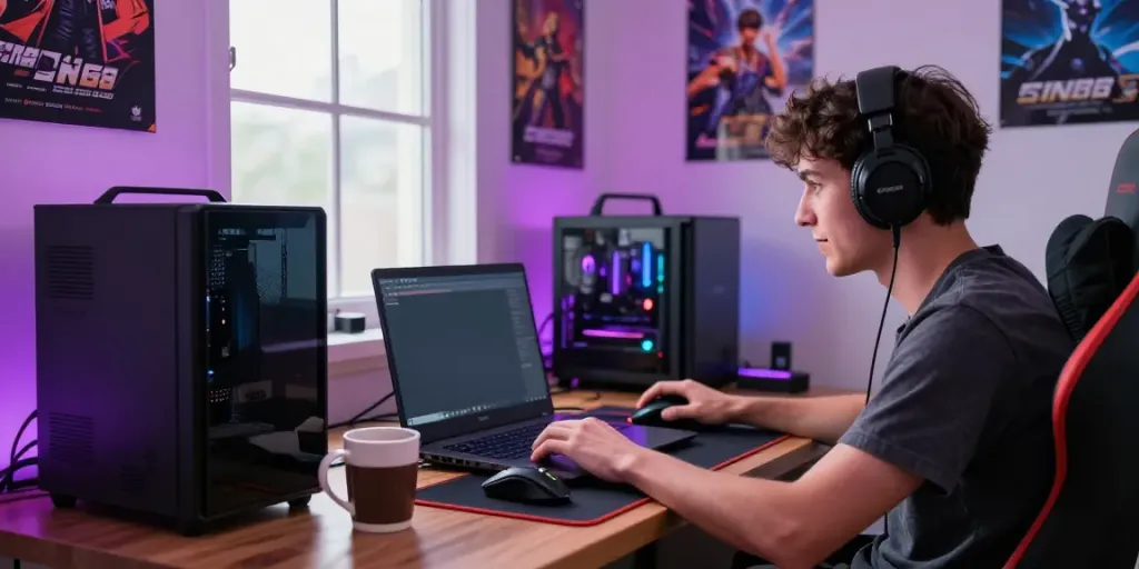 SIN88 online gaming experience with a player in a vibrant home setup, showcasing excitement and engagement.