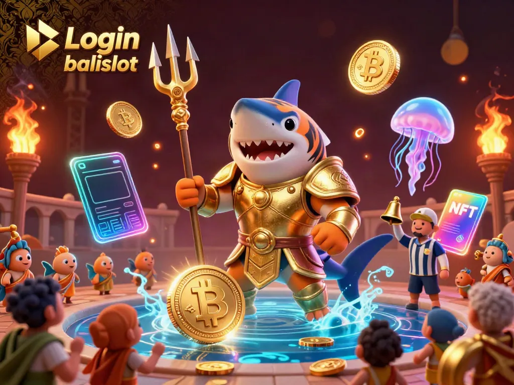 Experience thrilling gaming at Login balislot with a vibrant underwater scene featuring a gladiator shark and digital currencies.