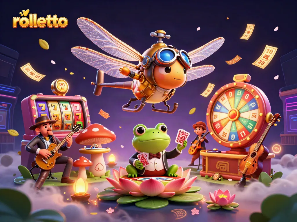 Experience exciting gaming at Rolletto with vibrant slot reels and lively casino characters in action.