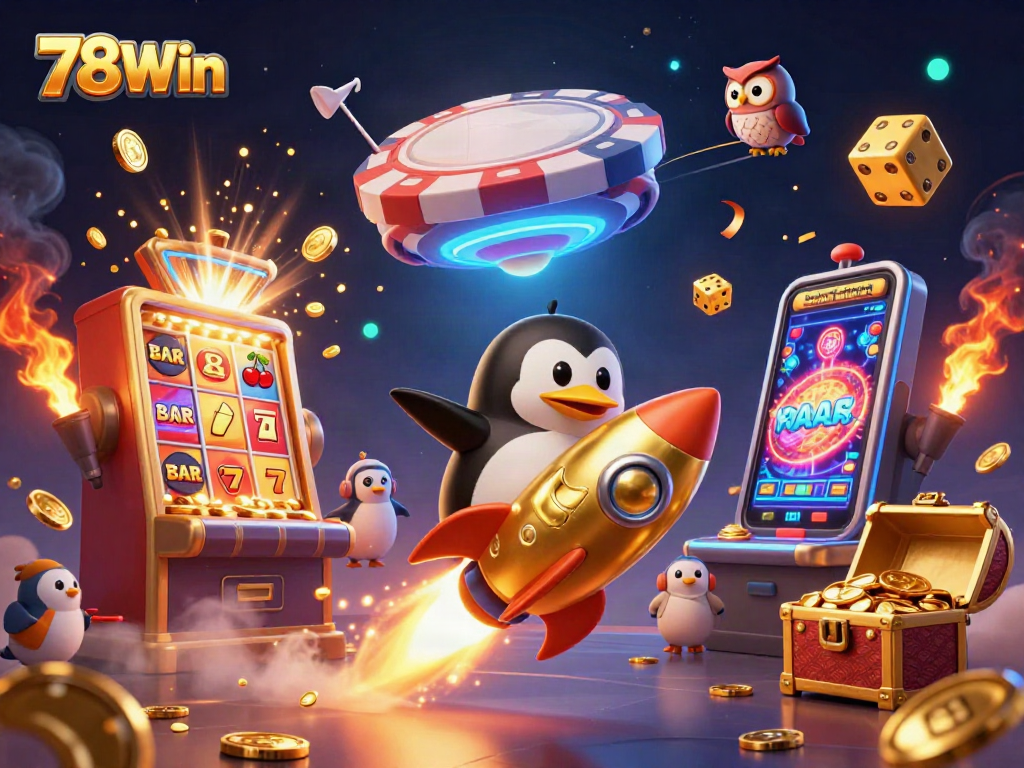 Experience thrilling gaming at 78Win with joyful characters amid casino excitement and rich colors.