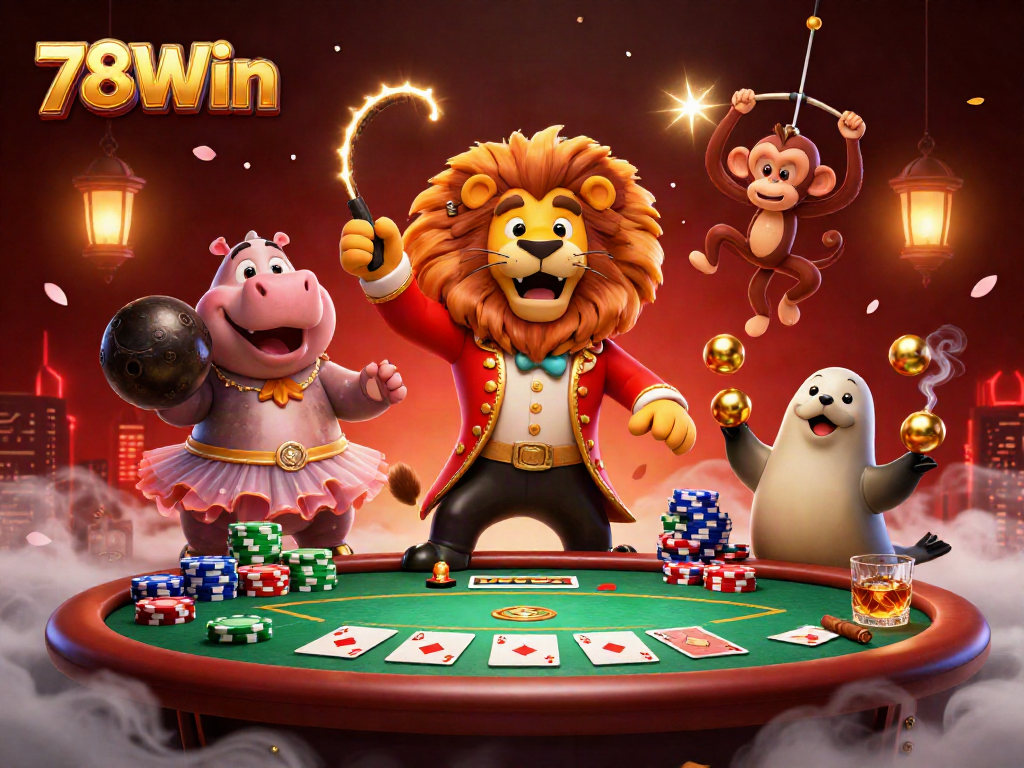 Experience the thrill at 78Win with vibrant casino characters enjoying poker and games in a dazzling scene.