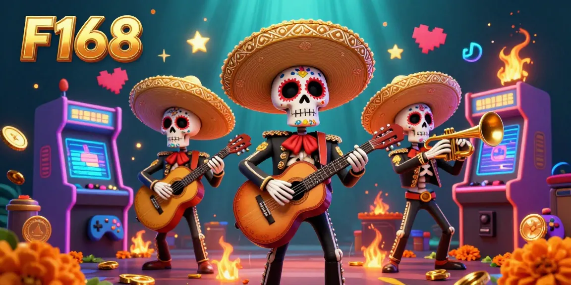Experience the thrill at F168 with the dynamic Día de los Muertos mariachi band amidst vibrant gaming elements.