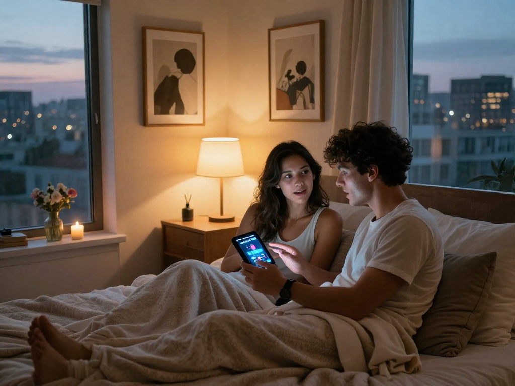 Couple exploring a sex AI app in an intimate bedroom setting, emphasizing modern romance and technology.
