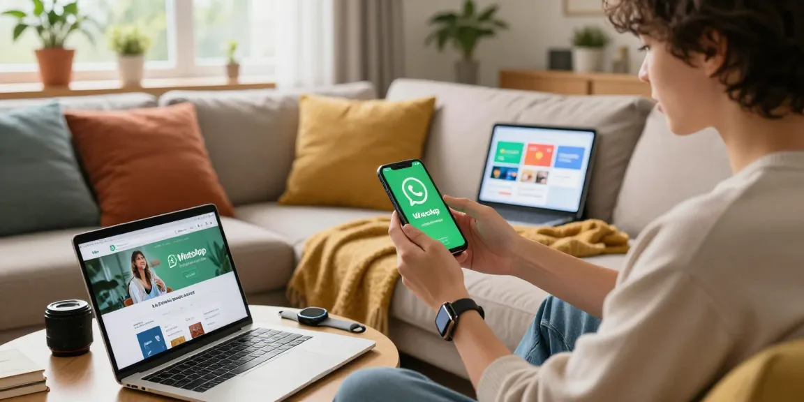 Young adult downloading WhatsApp下載 on smartphone in cozy living room with tech elements