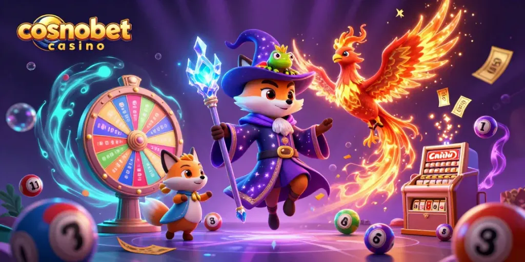 Experience the thrill at cosmobet casino with a mystical wizard and fiery phoenix illuminating the scene.