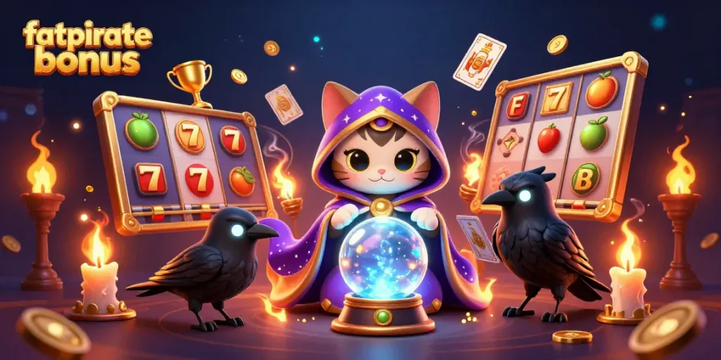 Experience the fatpirate bonus with vibrant slots and mystical characters in this engaging casino illustration.