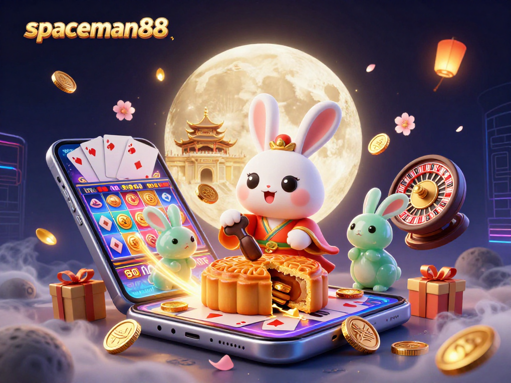 Experience dynamic slot games with spaceman88 featuring a moon rabbit and poker chips amidst colorful action.