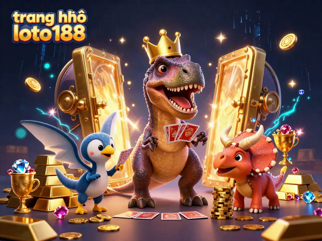 Experience the excitement of trang chủ loto188 with characters in a vibrant casino setting, engaging in card games and stacking chips.