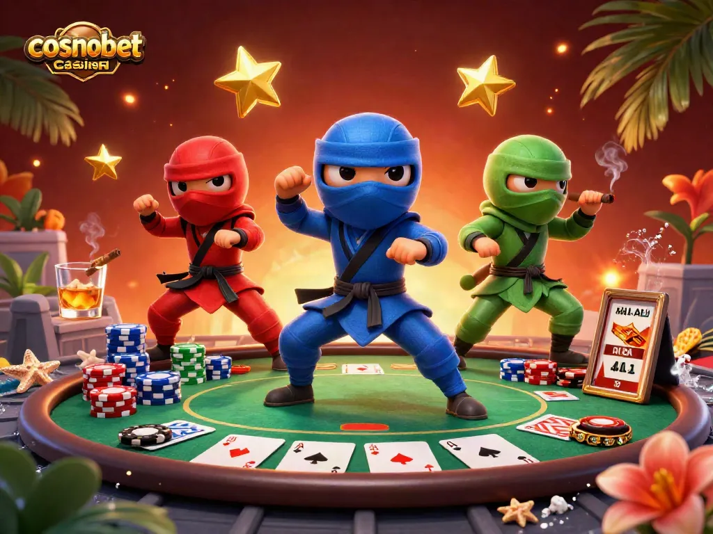 Engage in thrilling gaming action at cosmobet casino with colorful chameleon ninjas and poker elements.