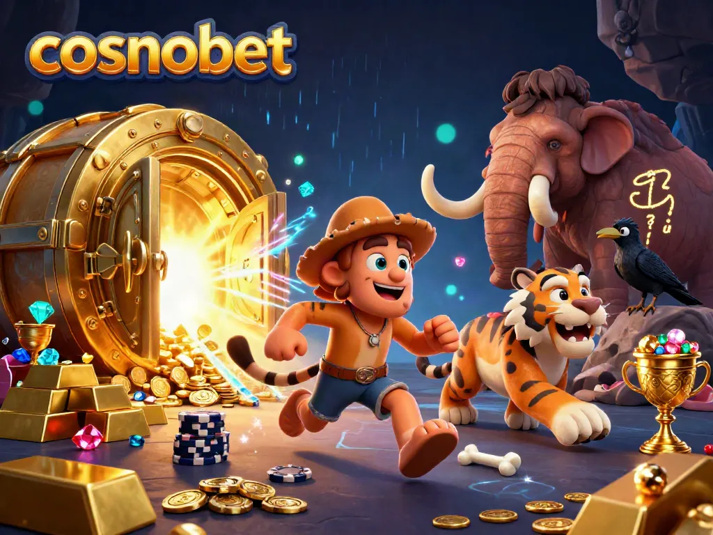 Experience exciting games at Cosmobet with vibrant 3D illustration of a prehistoric casino adventure.