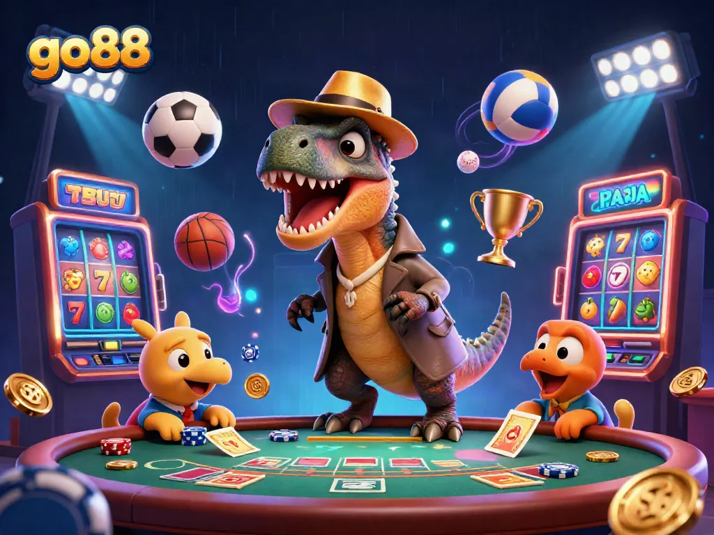 Engage with go88 action as a cartoon velociraptor discreetly counts cards at blackjack, surrounded by excitement.
