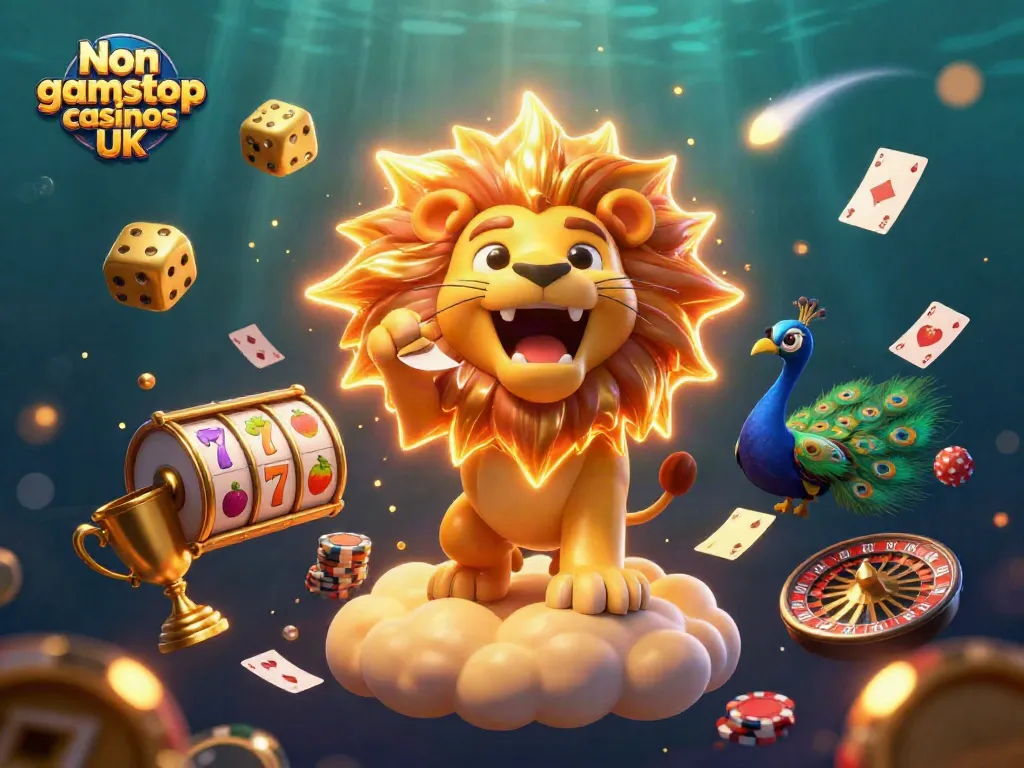 Experience the excitement of Non gamstop casinos UK with a vibrant 3D illustration of casino elements.