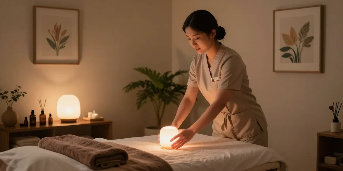 강남출장안마 session setup with a calming massage environment including aromatherapy oils and soothing lighting.