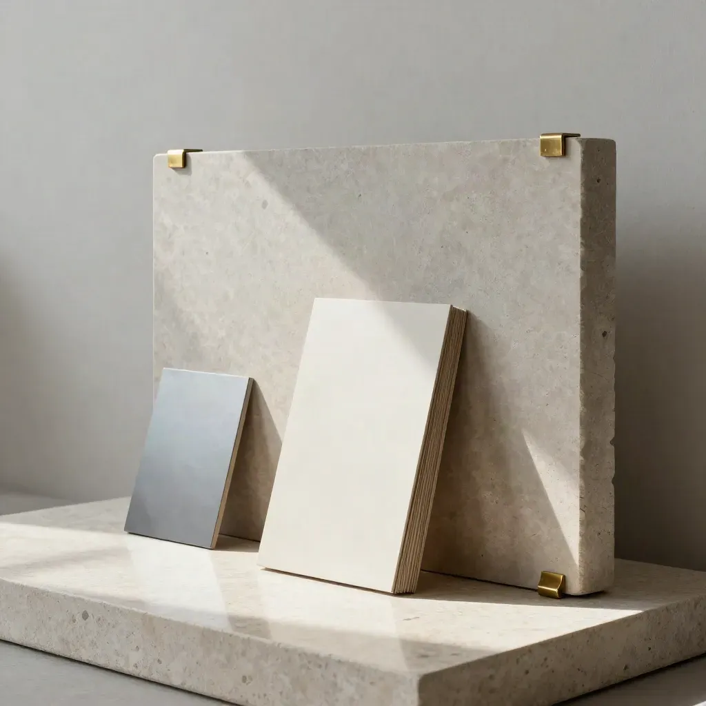 Room-planning maquette of ash blocks, stone offcuts and brass joinery on pale travertine.