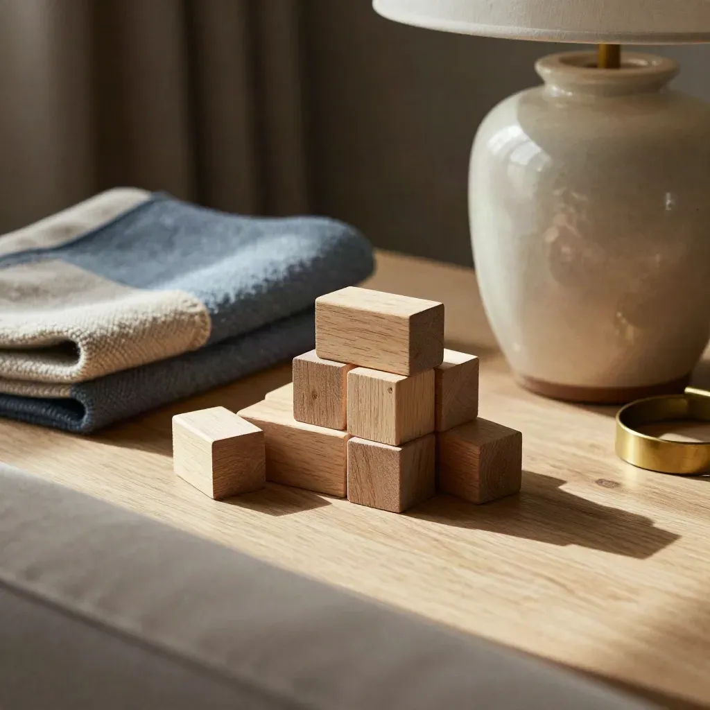 Toy blocks, wool throw, lamp base and brass ring in dramatic living-room still life.