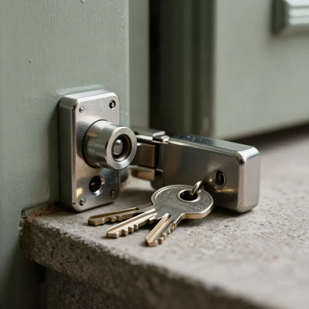 Macro still life of keys, lock cylinder, deadbolt and hinge plate on stone in soft side light