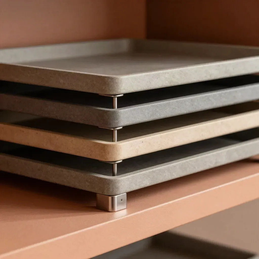 Storage trays, shelf brackets, cable grommet and metal dividers on a terracotta plaster ledge.