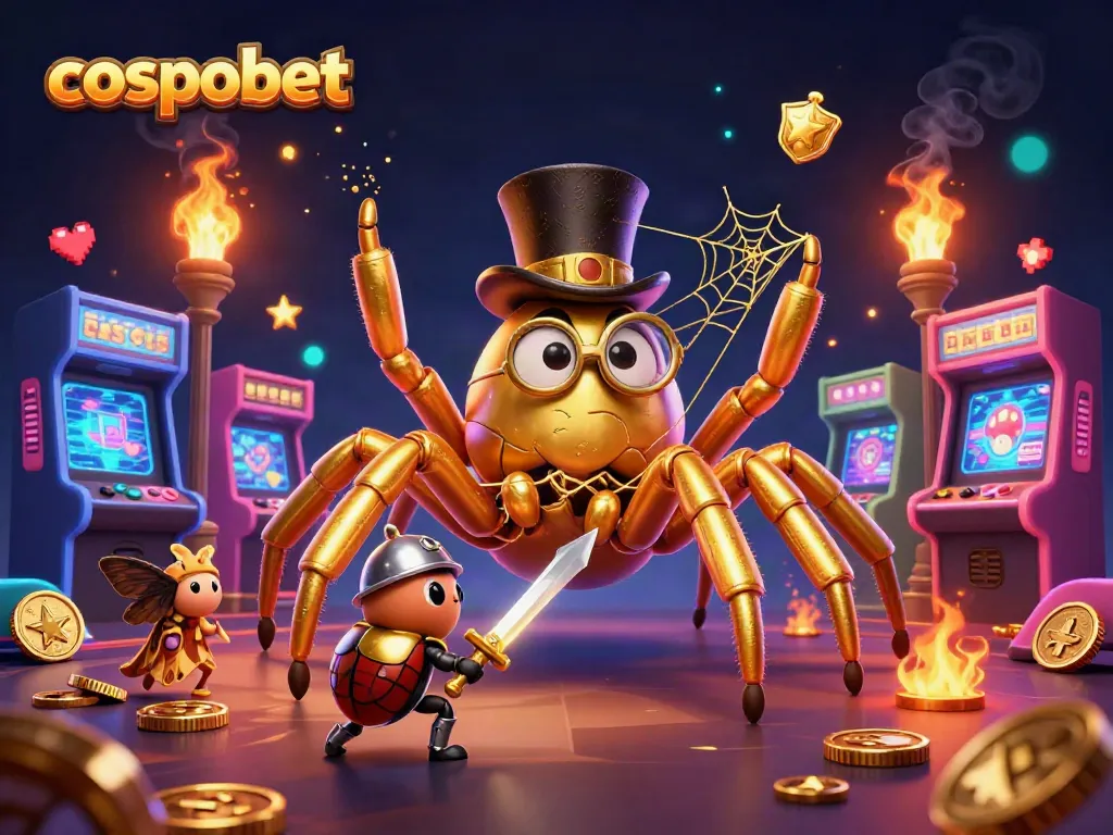 Experience Cosmobet’s dynamic casino world featuring a golden tarantula and gaming elements.