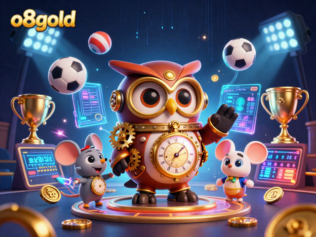 Immerse in o8gold's vibrant casino world with a time-traveling owl and dynamic sports elements.