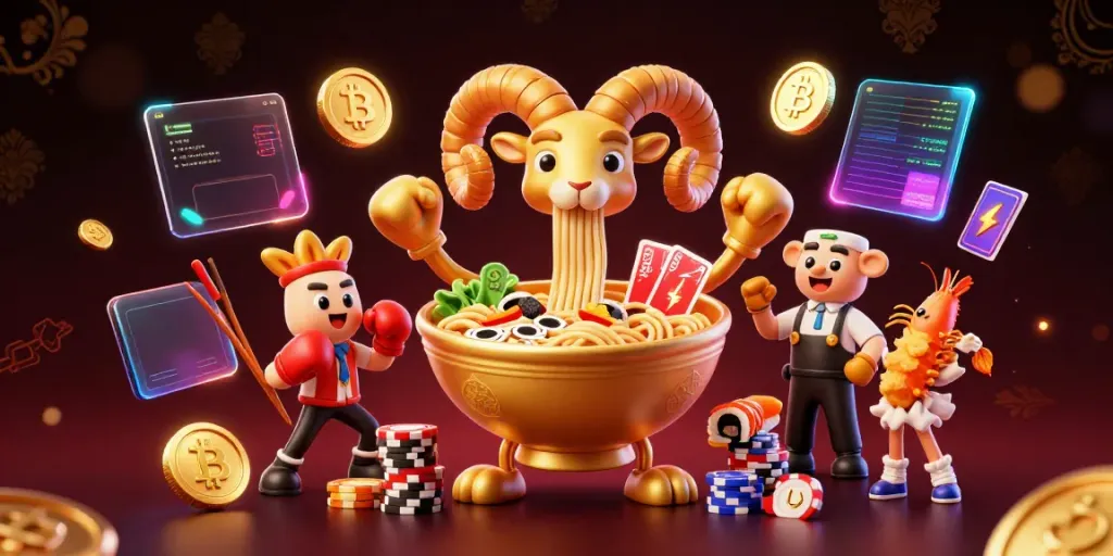Experience the excitement of febet9 with a golden ramen bowl character engaging in casino action.
