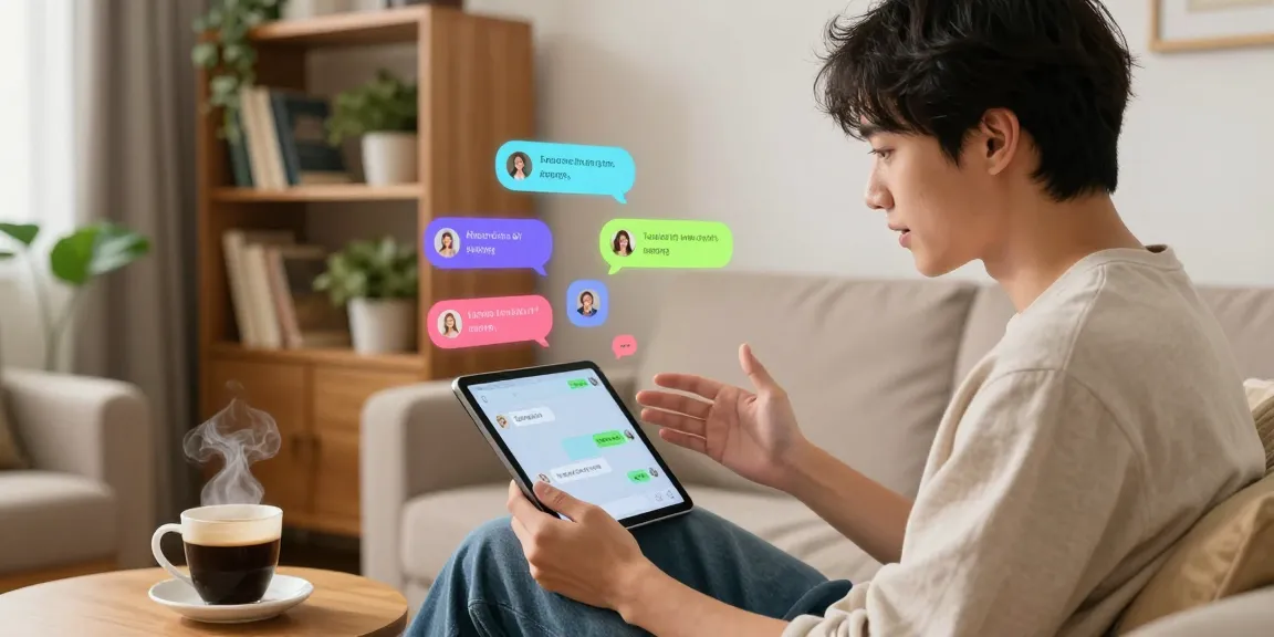 Engaging with spicy chat AI on a cozy tablet in a warm living room.