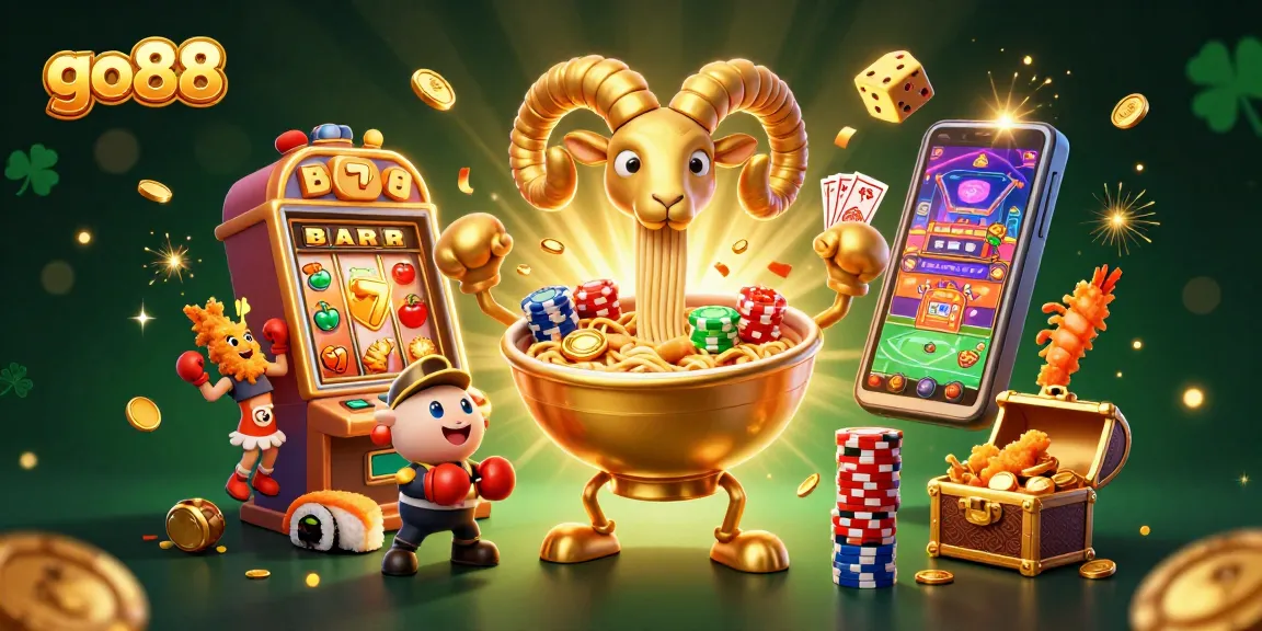 Go88 features vibrant 3D elements with a giant ramen bowl character dealing cards and jackpot symbols exploding.