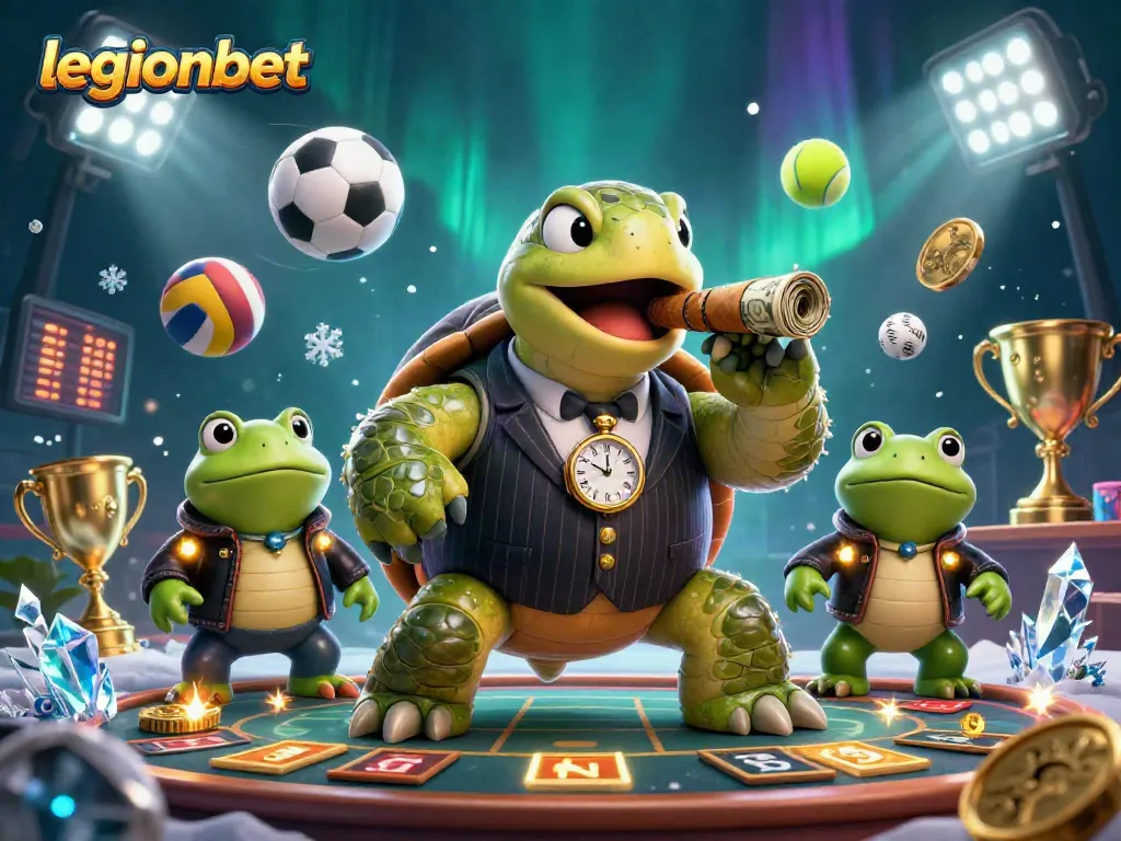 Engage in thrilling gameplay with legionbet at a dynamic casino scene featuring cartoon turtle and bullfrog enforcers.