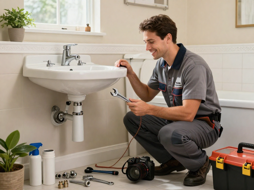 Professional technician from Mateo and Sons Plumbing diagnosing a bathroom sink with tools in a bright, warm setting.