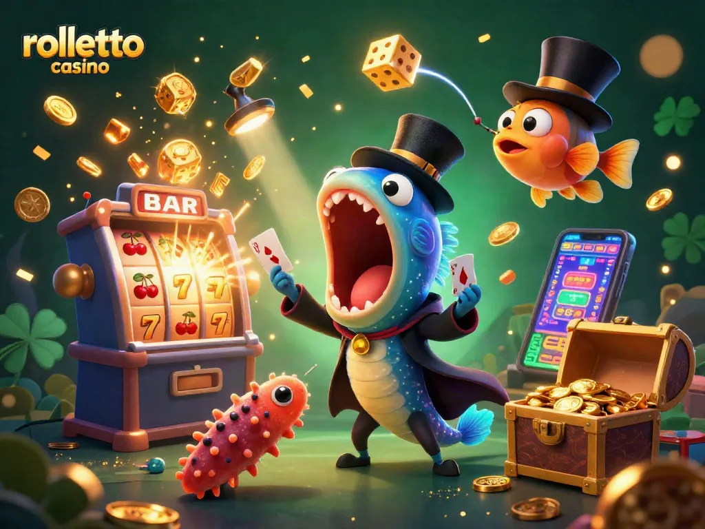 Experience the excitement of rolletto casino with a vibrant, dynamic 3D illustration of casino-themed characters.