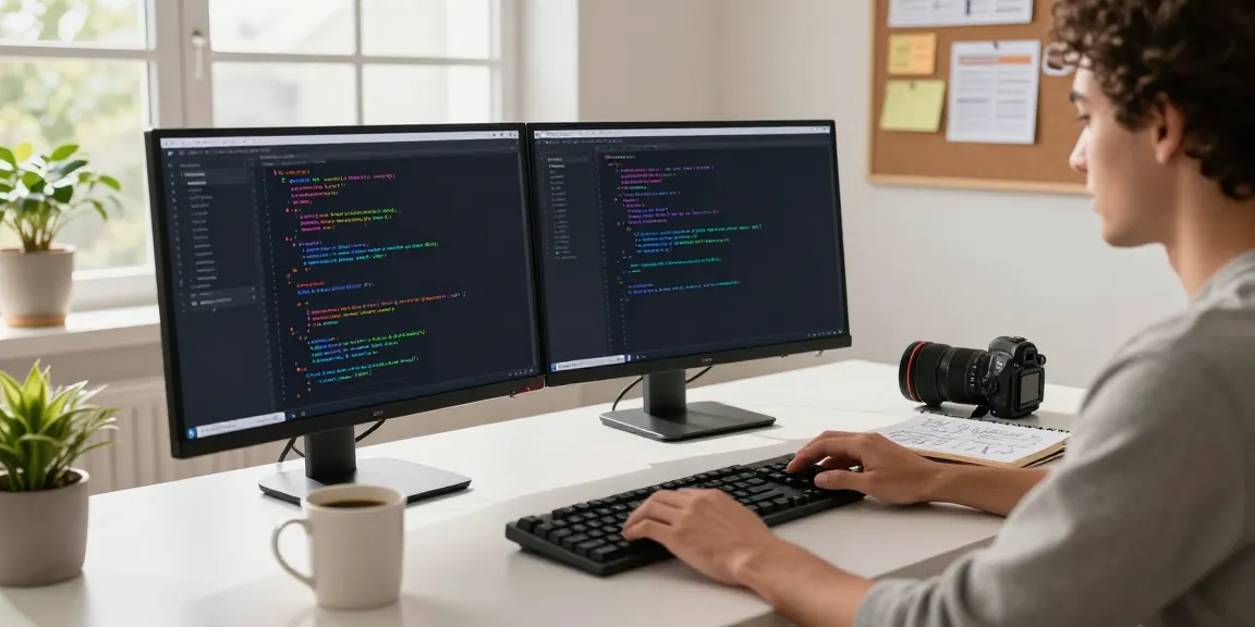 Developer coding on dual monitors in a modern workspace illustrating instant indexing benefits.