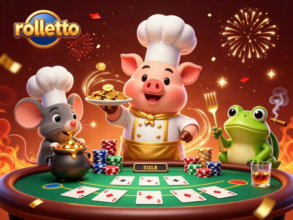 Engage with rolletto casino insights through an animated scene featuring cartoon characters and poker elements.