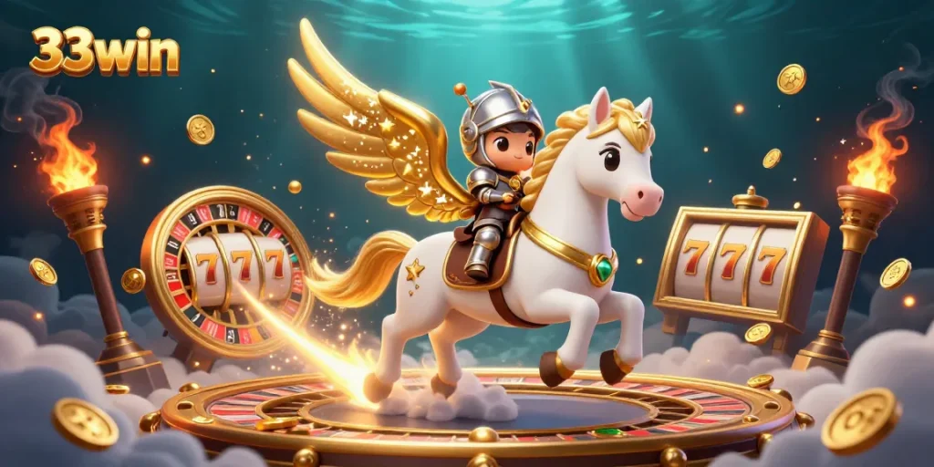 Experience thrilling gameplay at 33win with a celestial horse and knight amidst a vibrant casino scene.