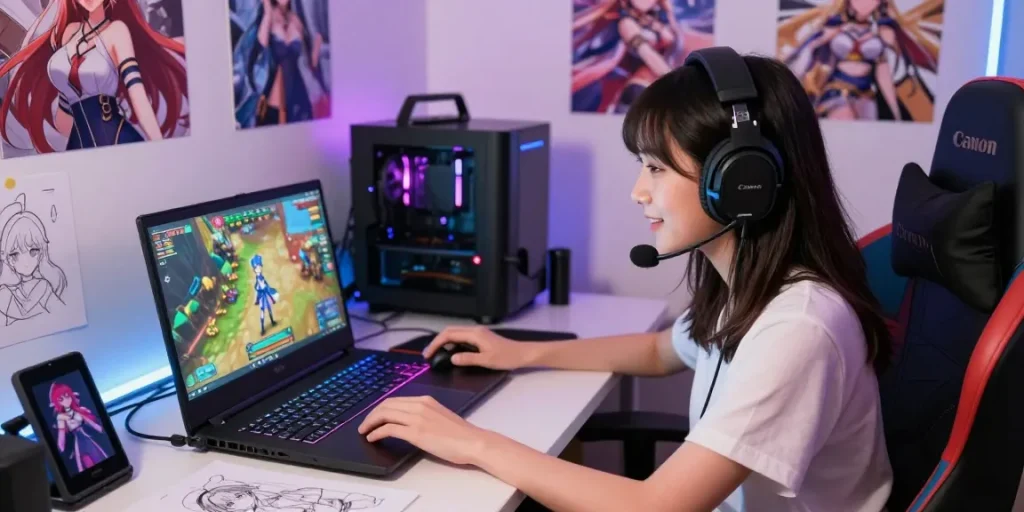 Female protagonist in hentai games engrossed in gameplay on a gaming laptop surrounded by colorful graphics.