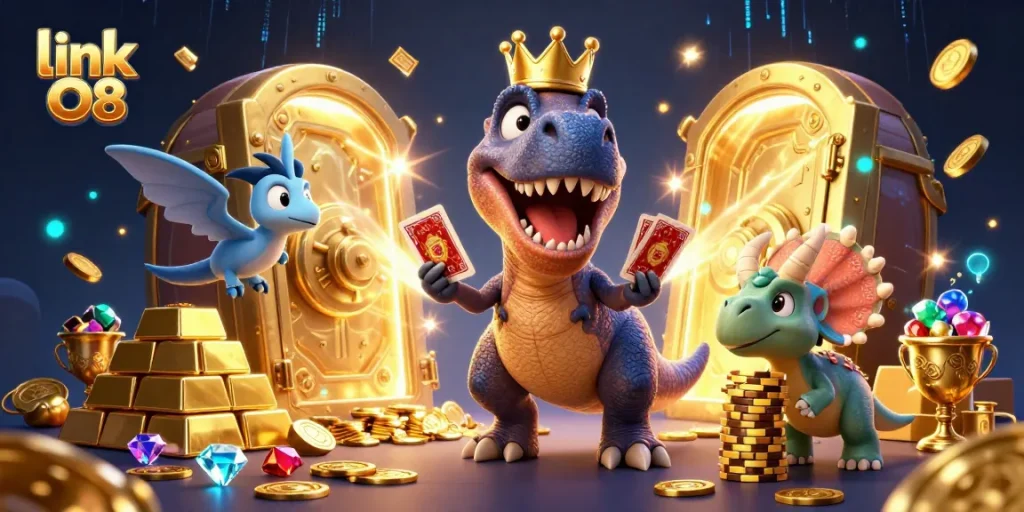 Engage with link O8 in a vibrant 3D casino scene featuring T-Rex shuffling cards.