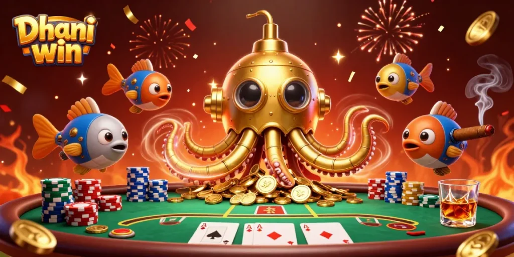 Dhani win features vibrant cartoon golden kraken and mechanical fish amidst a lively casino scene with poker elements.