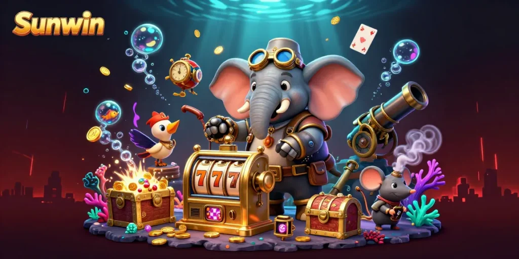 Spin the golden slot machine with Sunwin's vibrant steampunk scene filled with treasures and excitement!