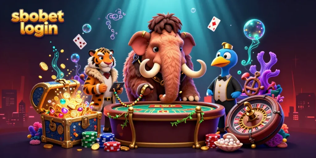Engage in sbobet login with a woolly mammoth bouncer and VIPs in a vibrant casino scene.