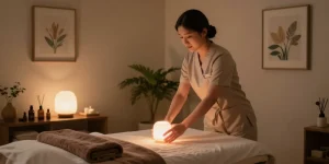 강남출장안마 session setup with a calming massage environment including aromatherapy oils and soothing lighting.