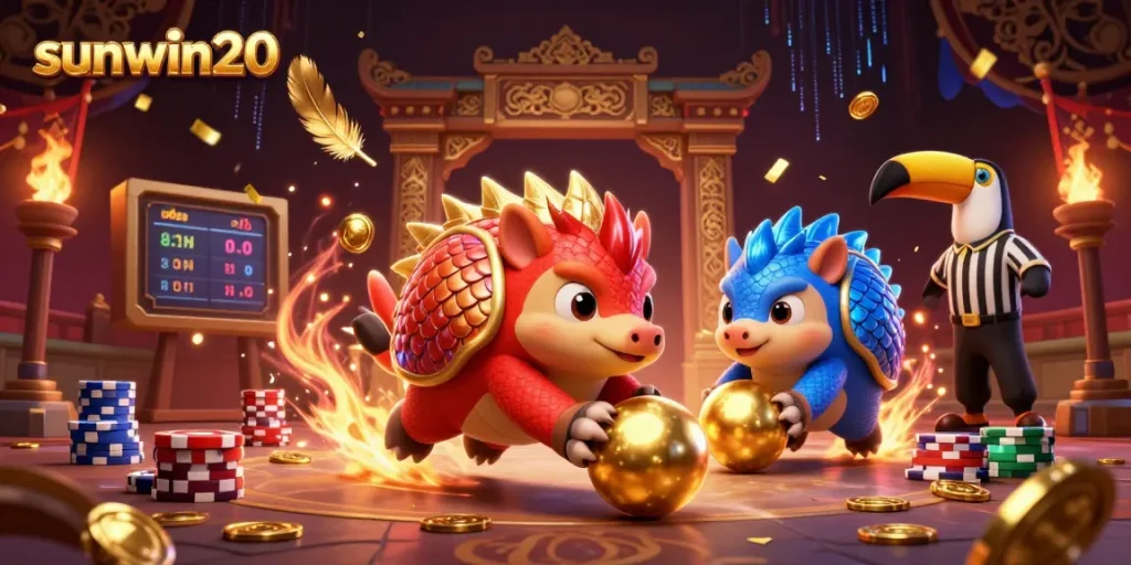 Experience exciting gameplay at sunwin20 with rival pangolins rolling golden balls in a vibrant casino atmosphere.