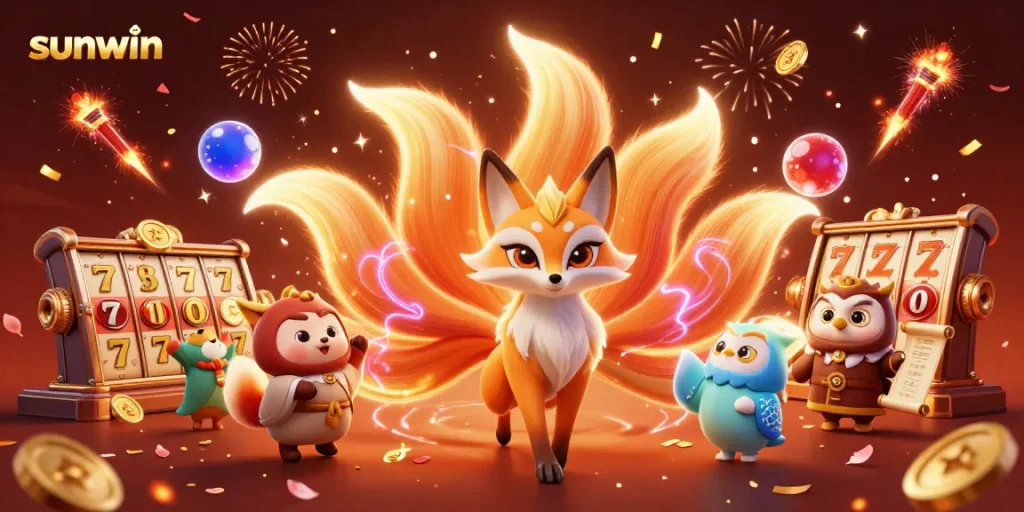 Engage with thrilling sunwin slot adventures, showcasing the nine-tailed fox and lucky symbols.