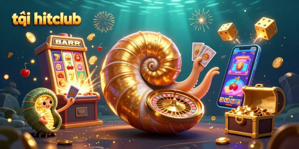 Spin and win at tải hitclub with an exciting 3D casino themed illustration featuring a golden roulette shell.