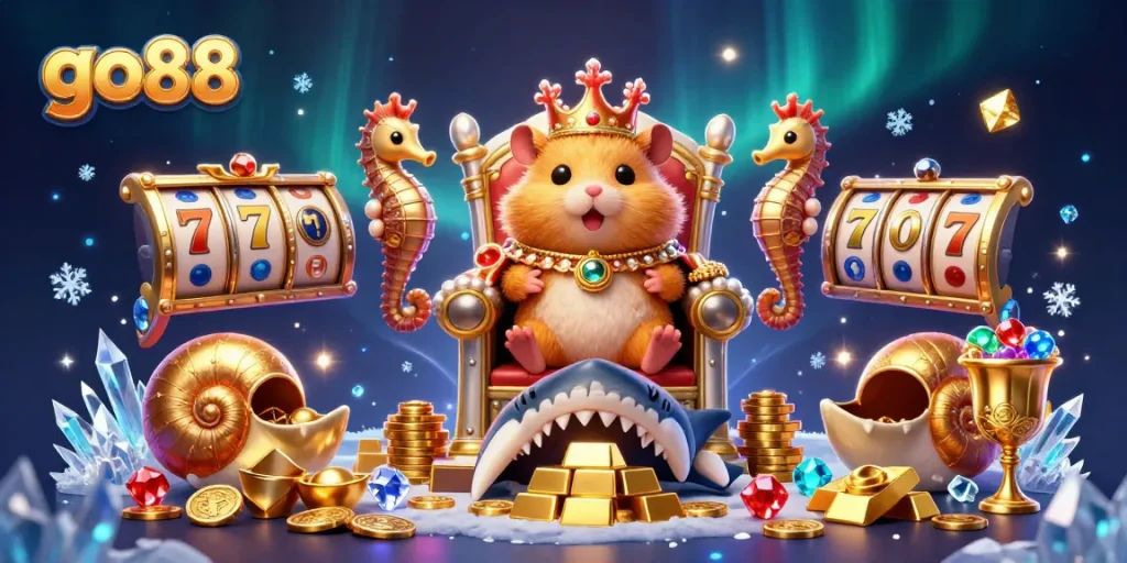 Win big with go88's vibrant online casino featuring a golden hamster king amidst treasures.
